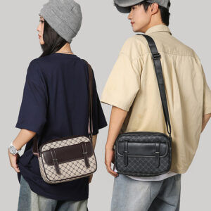 Vintage Courier Bag Multi-Function Work & Travel Crossbody For Men – Waterproof PU With Checkered Print (Black/Khaki)​