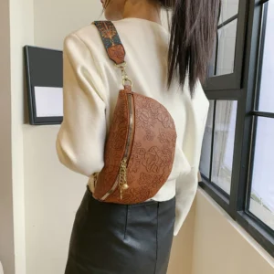 1pc Brown Pressed Floral Pu Fashionable Shoulder, Cross-body, Chest Bag, Waist Bag Suitable For Women Everyday Use,