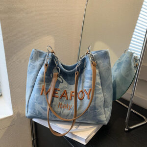 Design Denim Large Capacity Women’s Tote Bag Classy Commute Shoulder Multi-Compartment Polyester PU Leather Trendy