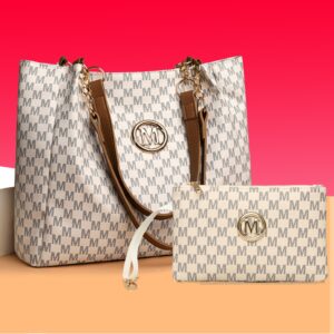 Luggage Bags M Letter Stylish M-Print Tote & Clutch Bag Set With Chain Strap – Versatile PU Handbag Combo For Women