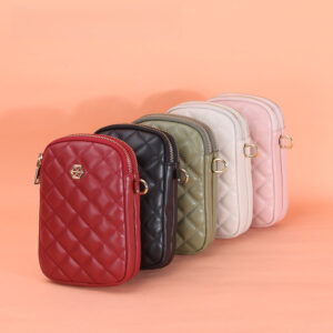 Women Quilted Phone Crossbody Bag, Double Zipper Small Vertical Shoulder Purse, Lightweight Mini Sling Bag With