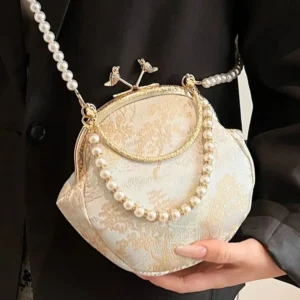 Chinese Style Embroidery Evening Pearl Chain Crossbody Handbag Ladies Shell Bag Cheongsam Accessories 250407