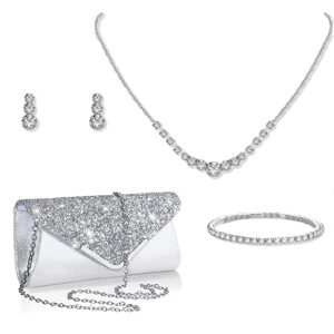 Women’s Jewelry Set – Elegant Rhinestone Necklace, Earrings, Bracelet Brooch Women, Perfect For Evening Parties,