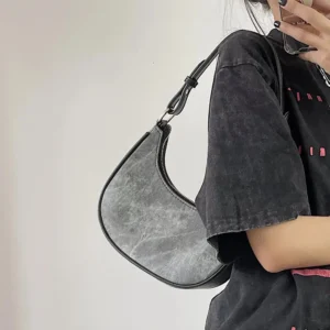 Casual Women Half Moon Underarm Bags Gray PU Leather Hobos Shoulder For Female All Match Ladies Crossbody Bag Purse