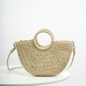 Medium handmade straw woven seaside beach vacation summer street fashion semi-circular double ring handle shoulder