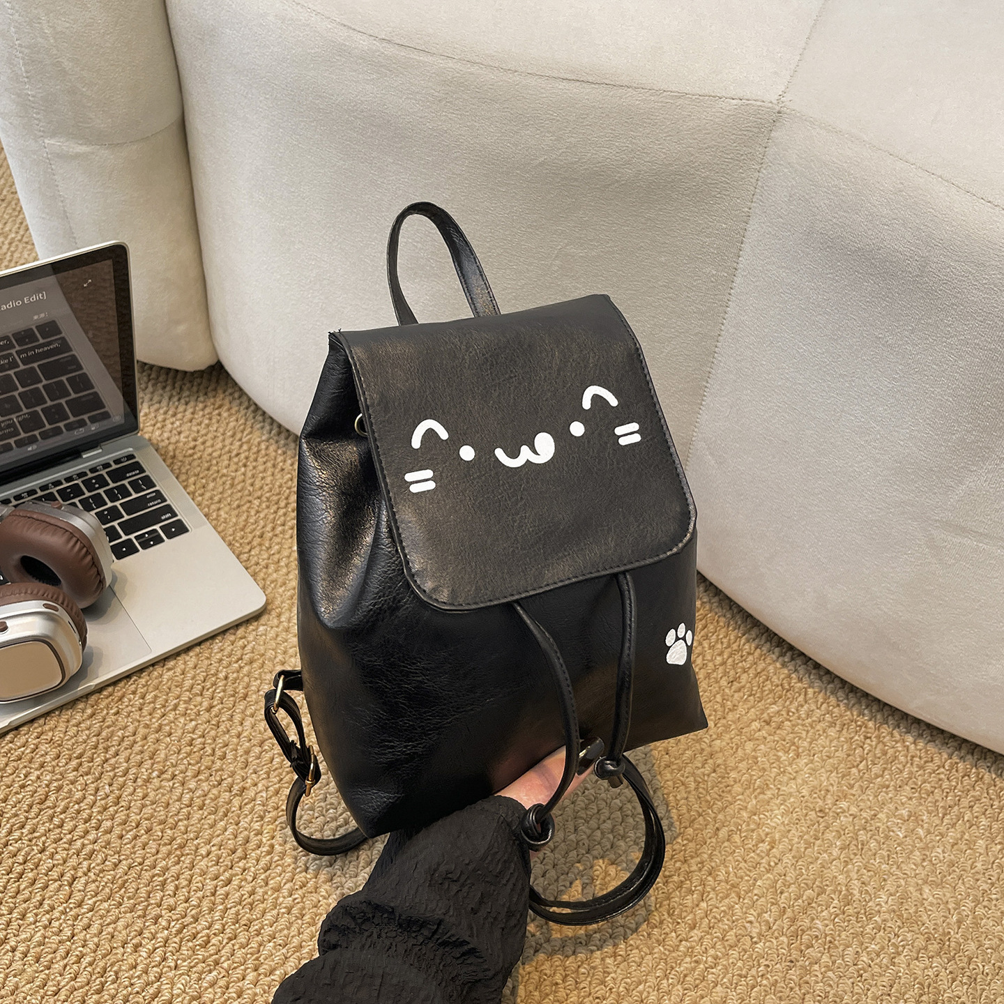Cartoon Face Drawstring Backpack Women Soft‑Leather Multi‑Purpose Crossbody Shoulder Purse - Image 10