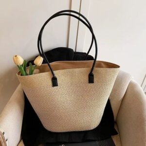 Straw Shoulder Tote Hot Selling Fashionable Casual Solid Color Striped Vacation Beach Bag For Women Trendy