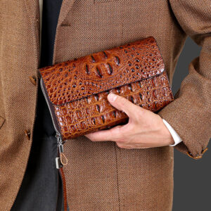 2026 new men’s crocodile pattern zipper clutch hand held double layer mobile phone card bag foreign trade cross border