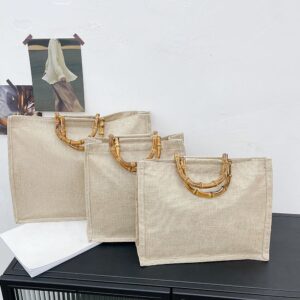 Portable Burlap Jute Fruit Vegetable Shopping Bag Handbag Bamboo Loop Handles Reusable Tote Grocery Bags for Women Girls