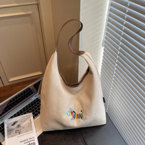 Cross-Border Casual Color-Block Embroidered Pony Underarm Canvas 2026 New Large Capacity Textured Versatile Shoulder Bag