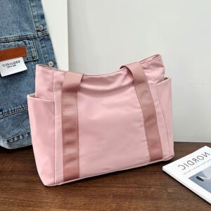 Women Solid Color Nylon Tote Multi Side Pockets Shoulder Handbag Large Capacity Casual Daily School Shopping Bag