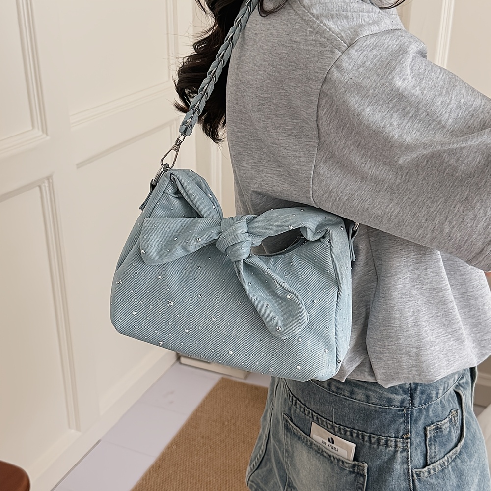 Knotted Denim Hobo Bag Women Braided Chain Crossbody Shoulder Handbag - Image 10