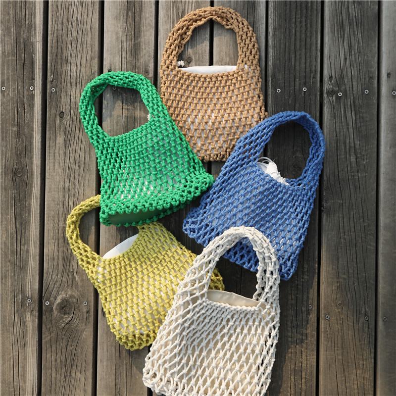 Cute Handheld Fresh Beach Straw Bag Color-Block Woven Strap Lined Handbag - Image 2