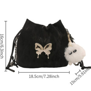 Vintage Fringe Chain Mini Bucket Bag Ladies Butterfly Decor Plush Owl Charm Handbag