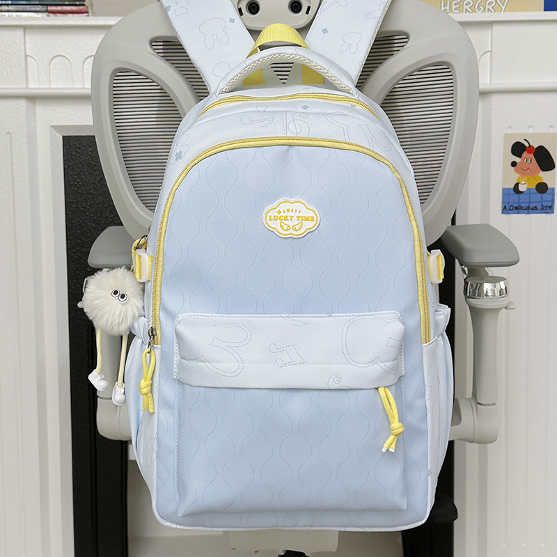 Wave Print Backpack With Fluffy Decor Charms Multi Pockets Large Capacity Lightweight Girls School Travel Daypack - Image 4