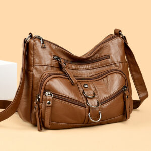 New Soft Fashionable Mother Crossbody Middle-aged Shoulder Bag, Washed Leather Large Capacity Women’s Bag