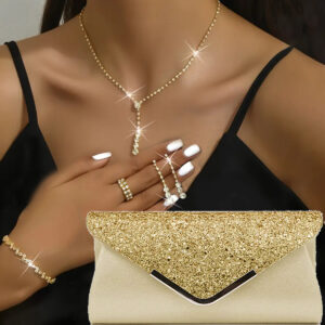 Women’s Jewelry Set – Elegant Rhinestone Necklace, Earrings, Bracelet Ring For Wedding, Party & Events Evening Bag,