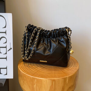 Women’s Soft Leather Large Capacity Fashion Pleated Chain Shoulder Casual Drawstring Crossbody Bag