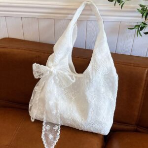 Ins Fairy Style White Sheer Lace Hobo Tote Bag Side Bow Knot Design Soft Fabric Ladies Vacation Daily Commute Elegant