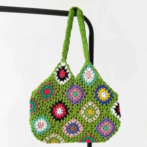 Designer Hand-Crocheted Multi-Colored Patchwork Shoulder Bag – Ethnically Inspired Craftsmanship