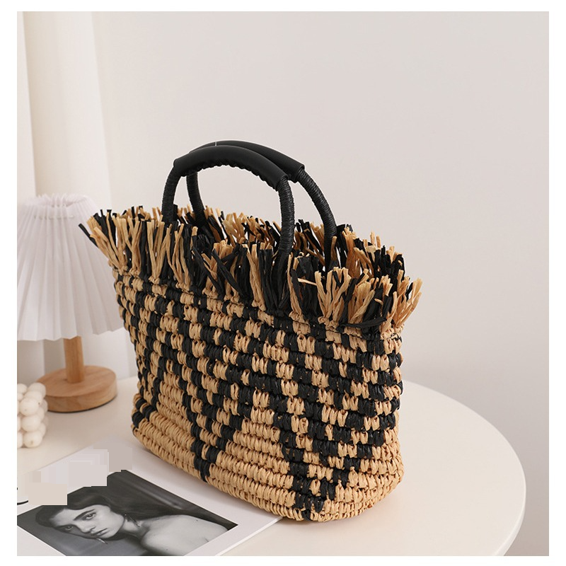 Retro Straw Loose Edge Hand Held Colorblock Woven Seaside Holiday Beach Women's Bag - Image 4
