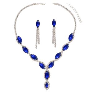 Women’s Jewelry – Elegant Rhinestone Necklace, Earrings & Bracelet For Evening Parties, Geometric Design, Red/Black/Blue