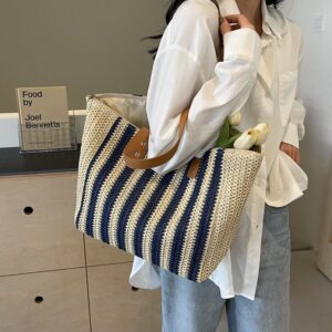 Beach Women’s Woven Straw Tote Bag 2026 New Model With Leather Shoulder Strap, Korean Niche Summer High-end Style