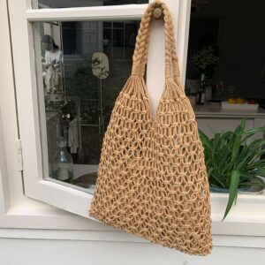 (Including Inner Bag) Cotton Rope Woven Women’s Summer Hollow Fishnet Shoulder Casual Vacation Handbag Mesh Bag