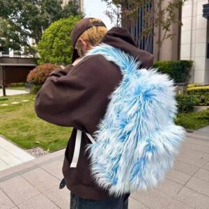 Men’s Snow Monster Backpack Color Block Ice Blue Furry Trendy Outdoor Travel Bag For Men
