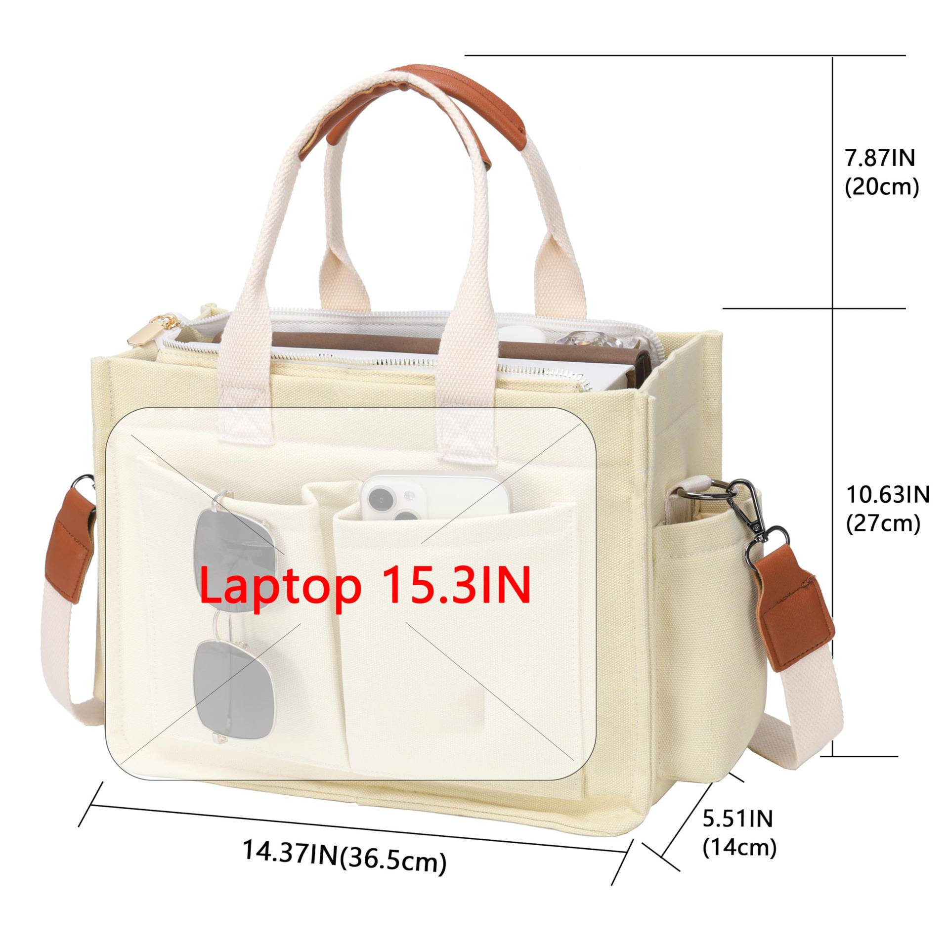 Large Canvas Tote For Women, With Pockets, Laptop Shoulder Bag - Image 4