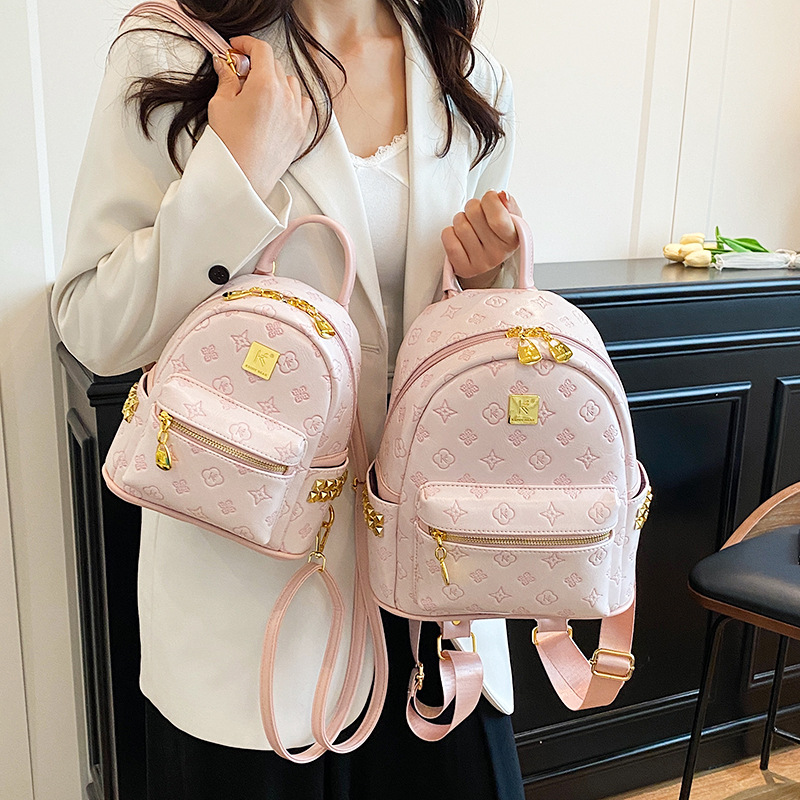 Trendy Pink Large Capacity Backpack High End Fashion Studded Women's Bag