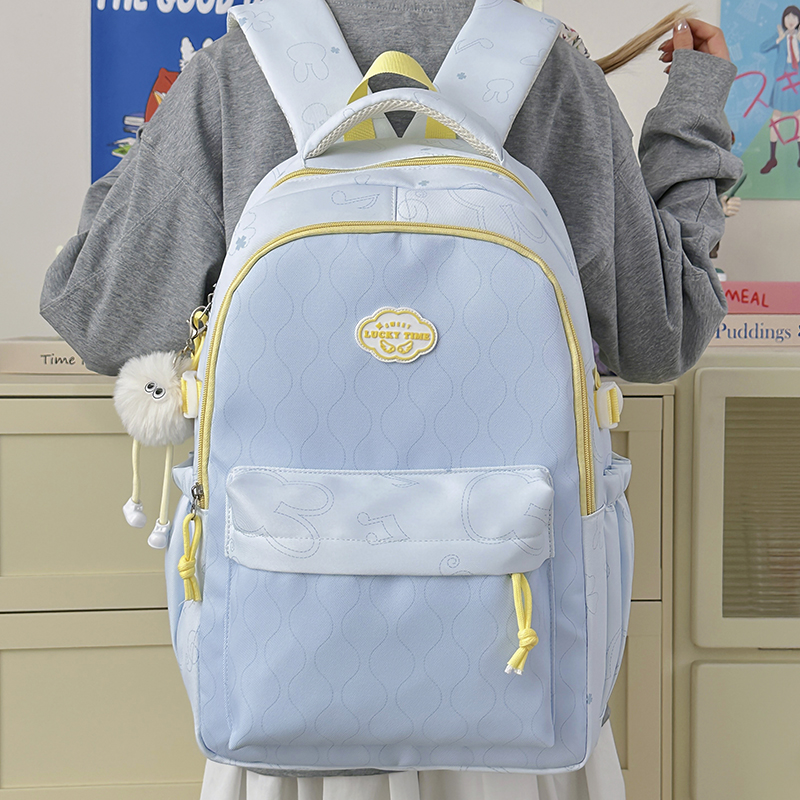 Wave Print Backpack With Fluffy Decor Charms Multi Pockets Large Capacity Lightweight Girls School Travel Daypack - Image 6