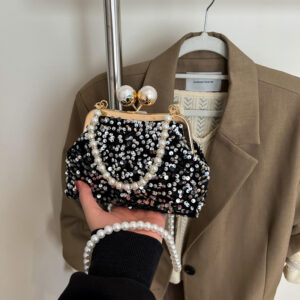 Clip Buckle Personality Trendy Beaded For Women Shiny Pearl Chain Handbag Crossbody Elegant Evening Bag
