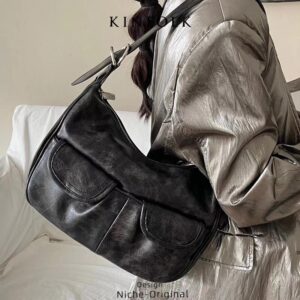 Vintage Leather Shoulder Bag Distressed Finish – Stylish Crossbody & Handheld Design For Women, Large Capacity With