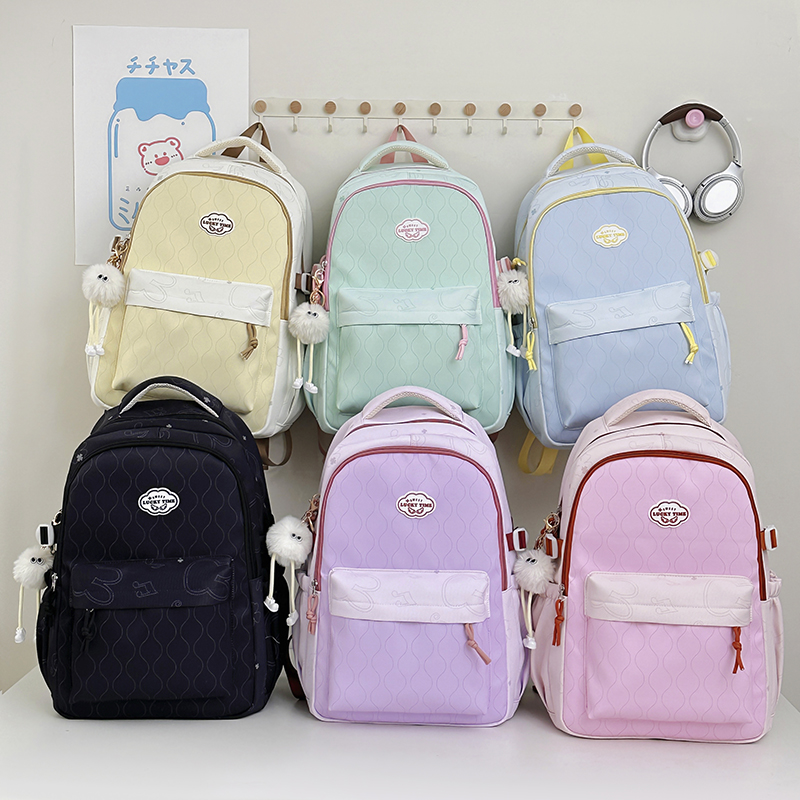 Wave Print Backpack With Fluffy Decor Charms Multi Pockets Large Capacity Lightweight Girls School Travel Daypack - Image 8