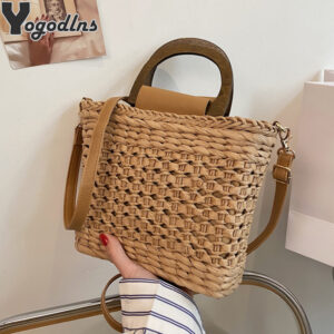 Women Basket Straw Wood Handle Shoulder Crossbody Casual Designer Rattan Woven Summer Travel Handbag Female Beach Bags