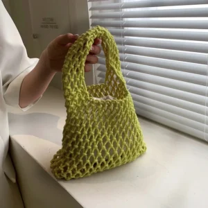 Women Cotton Thread Handbag With Inner Pocket Straw Bucket Lightweight Basket Woven Tote Net Shopper Bag 240802