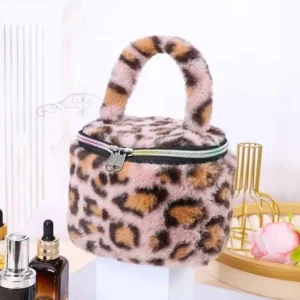 Leopard Print Plush Makeup Bag With Handle Soft Portable Storage PouchPerfect For Everyday Use Parties And Gatherings