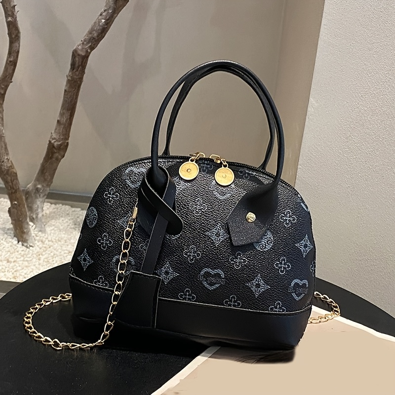 Printed Dome Women Crossbody Bag Contrast PU Trim Top Handle Chain Shoulder Handbag - Image 9