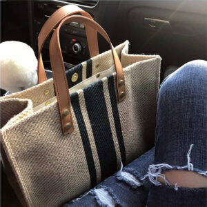 Korean Style Women’s Handheld Briefcase Professional Commuting Striped Simple Shoulder Ins Large Capacity Canvas Bag