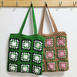 Four Seasons Cotton Thread Hand-Hooked Hollow Flower Grandmother Grid Ethnic Style Braided Tote Bag