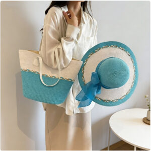 Tote Bag Two-piece Large Brim Sun Protection Straw Hat And Handbag Set, Versatile For Summer Outings