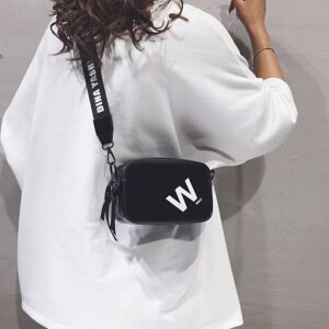 Letter Print Mini Camera Women Adjustable Wide Printed Strap Crossbody Shoulder Purse Casual Small Sling Bag