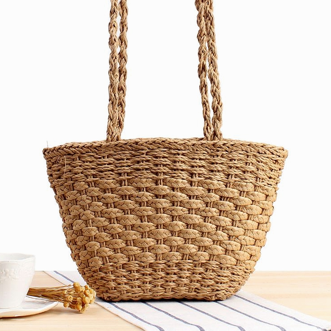 Pure Color Simple Straw Retro Woven Shoulder Fashion Silk Towel Paper Rope Casual Bag - Image 8