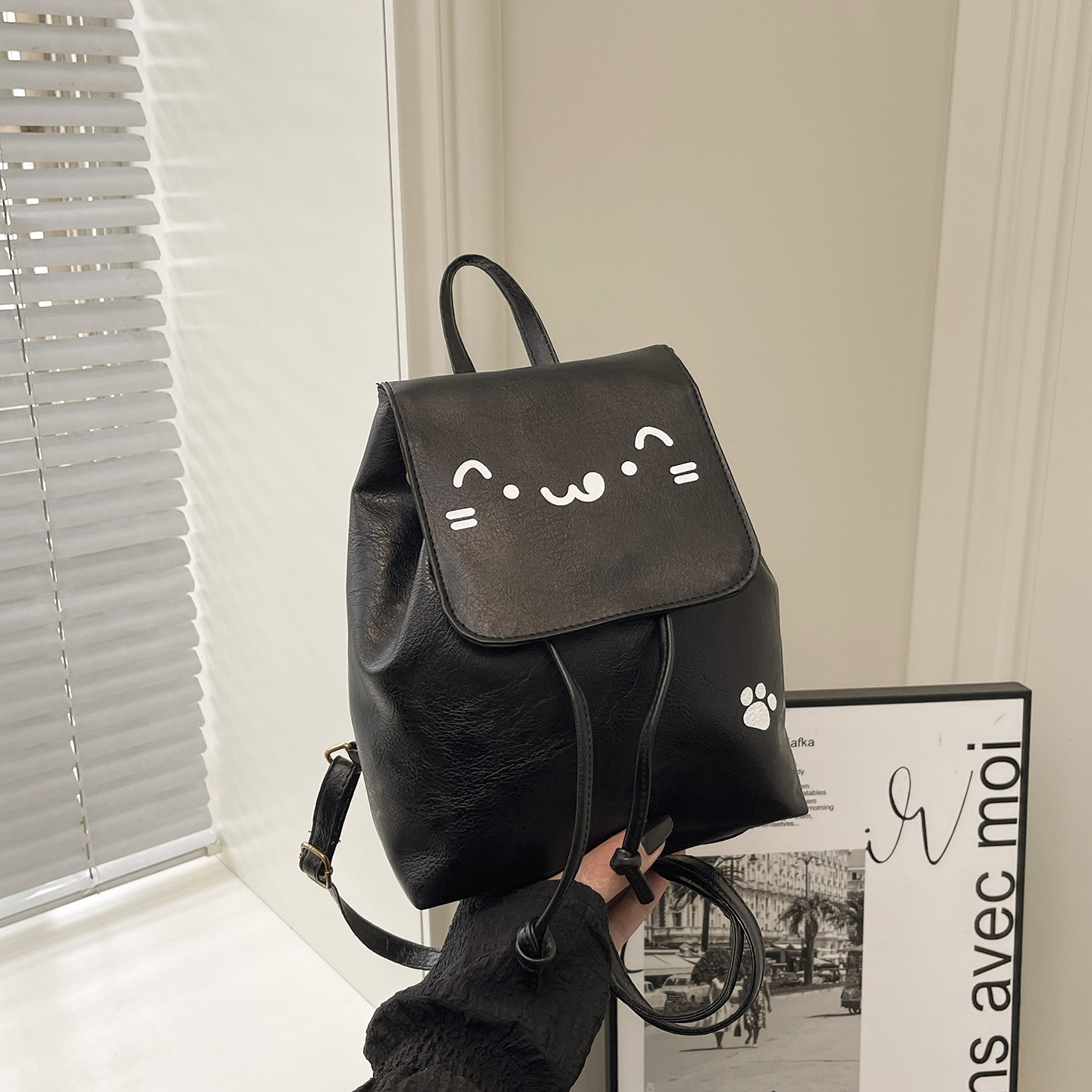 Cartoon Face Drawstring Backpack Women Soft‑Leather Multi‑Purpose Crossbody Shoulder Purse - Image 6
