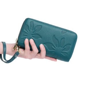 Women’s double zipper leather wallet rfid large capacity long first layer cowhide mobile phone printed clutch bag