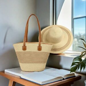Women’s Straw Woven Tote Forest Design Shoulder Bag With Hat Cover For Summer Outdoor Travel And Beach Vacation