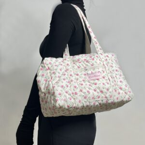 Diamond Pattern Embroidered Tote For Girls Lightweight Large Capacity Storage Short Trip Travel Shoulder Bag