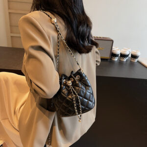 2026 New Quilted Chain Small Drawstring Light Luxury Round Bucket Single Shoulder Crossbody Bag For Women