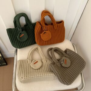 Korean Style Woven Solid Color, Handmade Crochet Cute Wool Tote Bag, Perfect For Outfits, Cartoon Handbag.